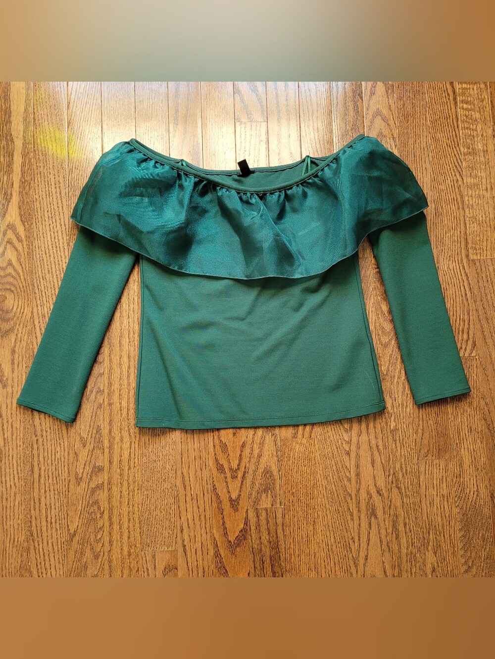J. Crew Green Off-Shoulder Ruffle Long-Sleeve Top